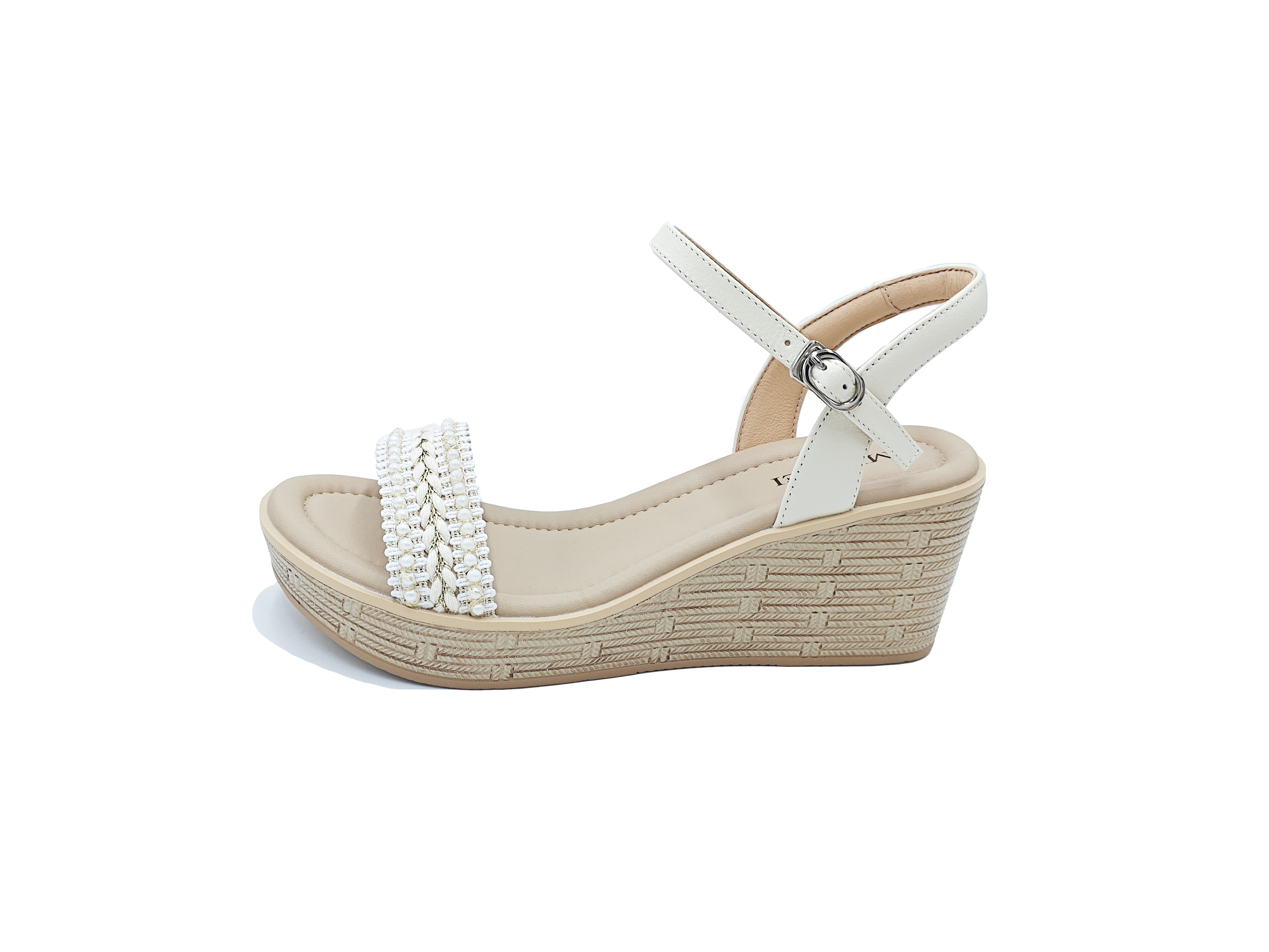 米白色羊皮編織珍珠超輕坡跟涼鞋