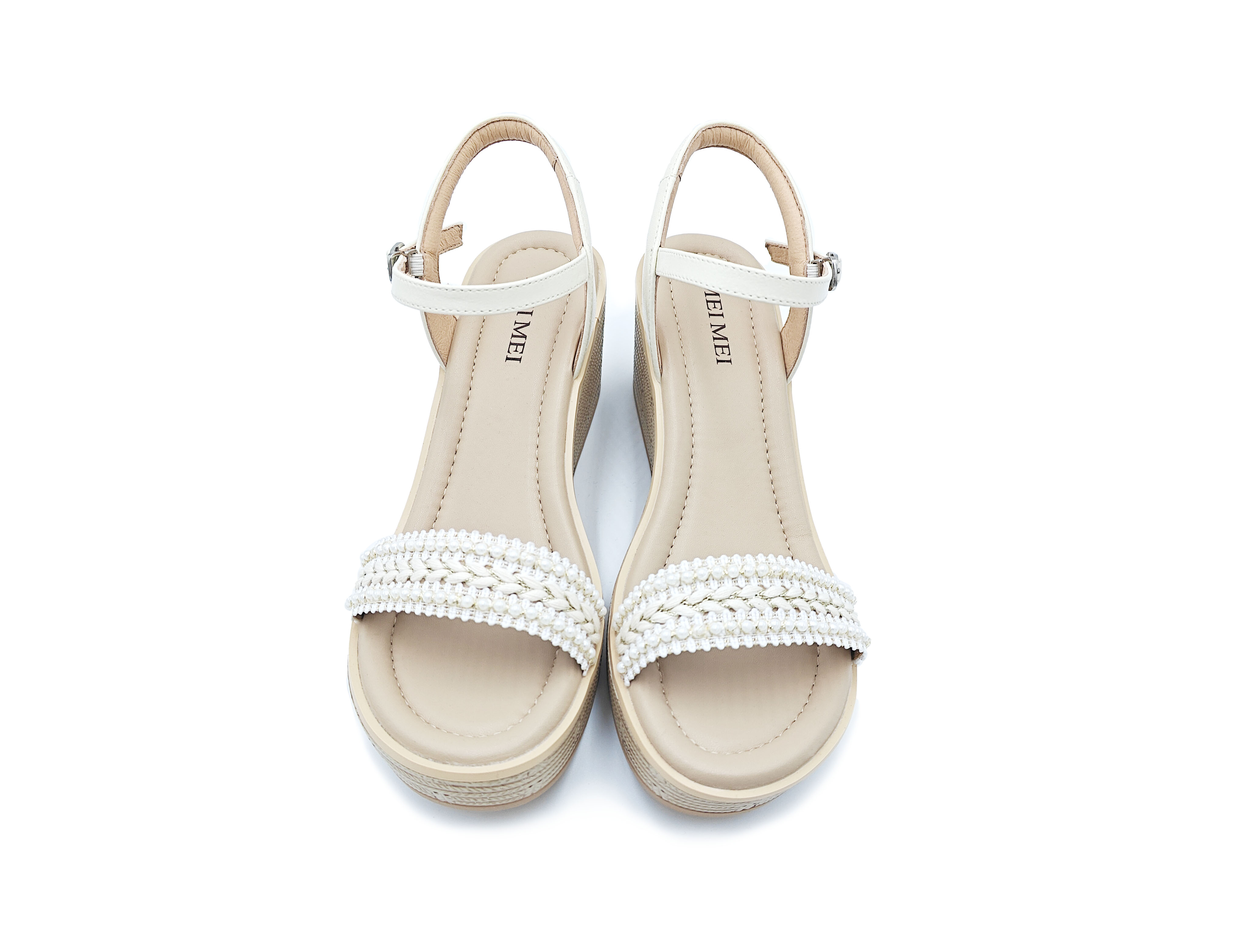 米白色羊皮編織珍珠超輕坡跟涼鞋