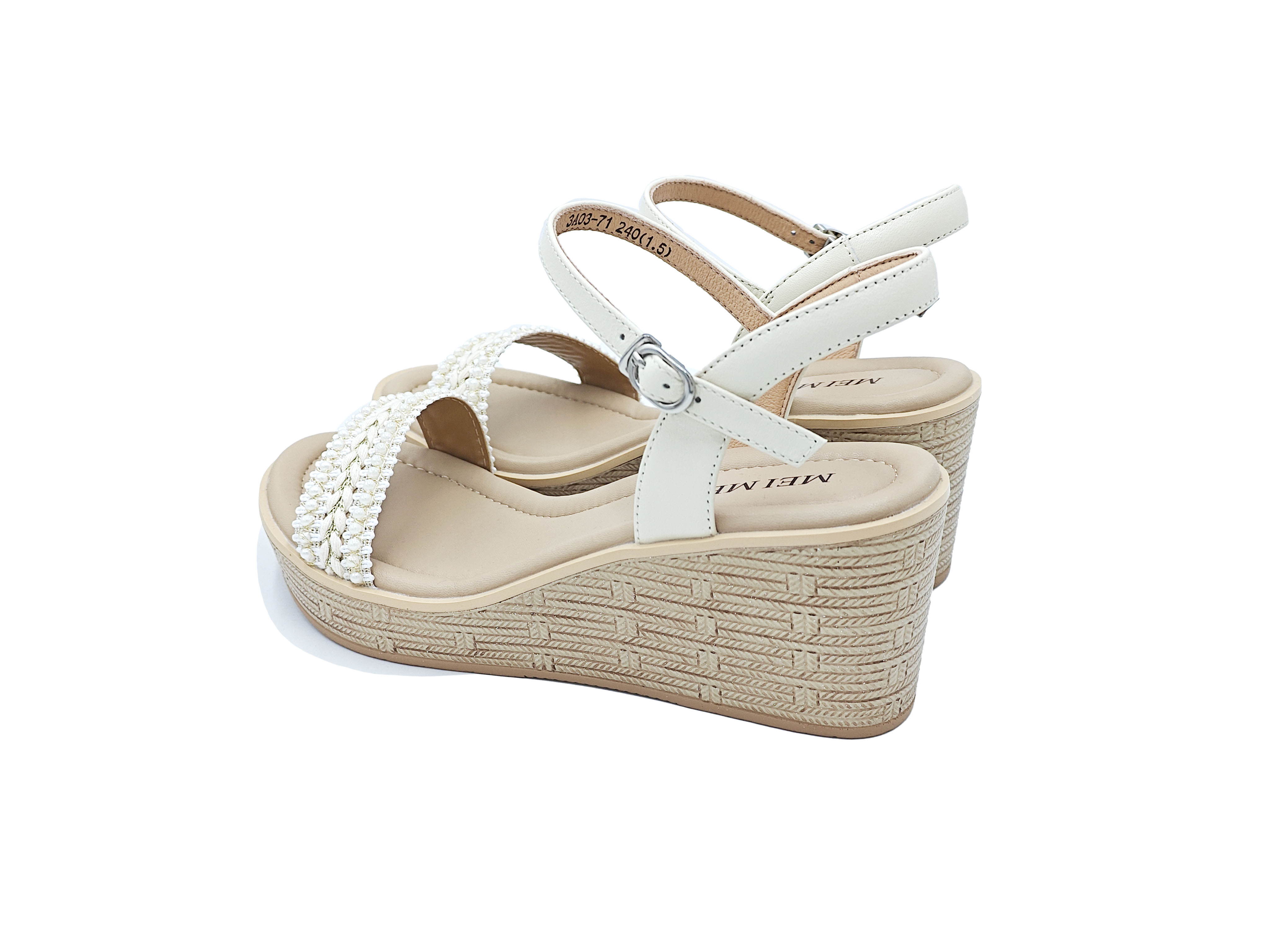 米白色羊皮編織珍珠超輕坡跟涼鞋