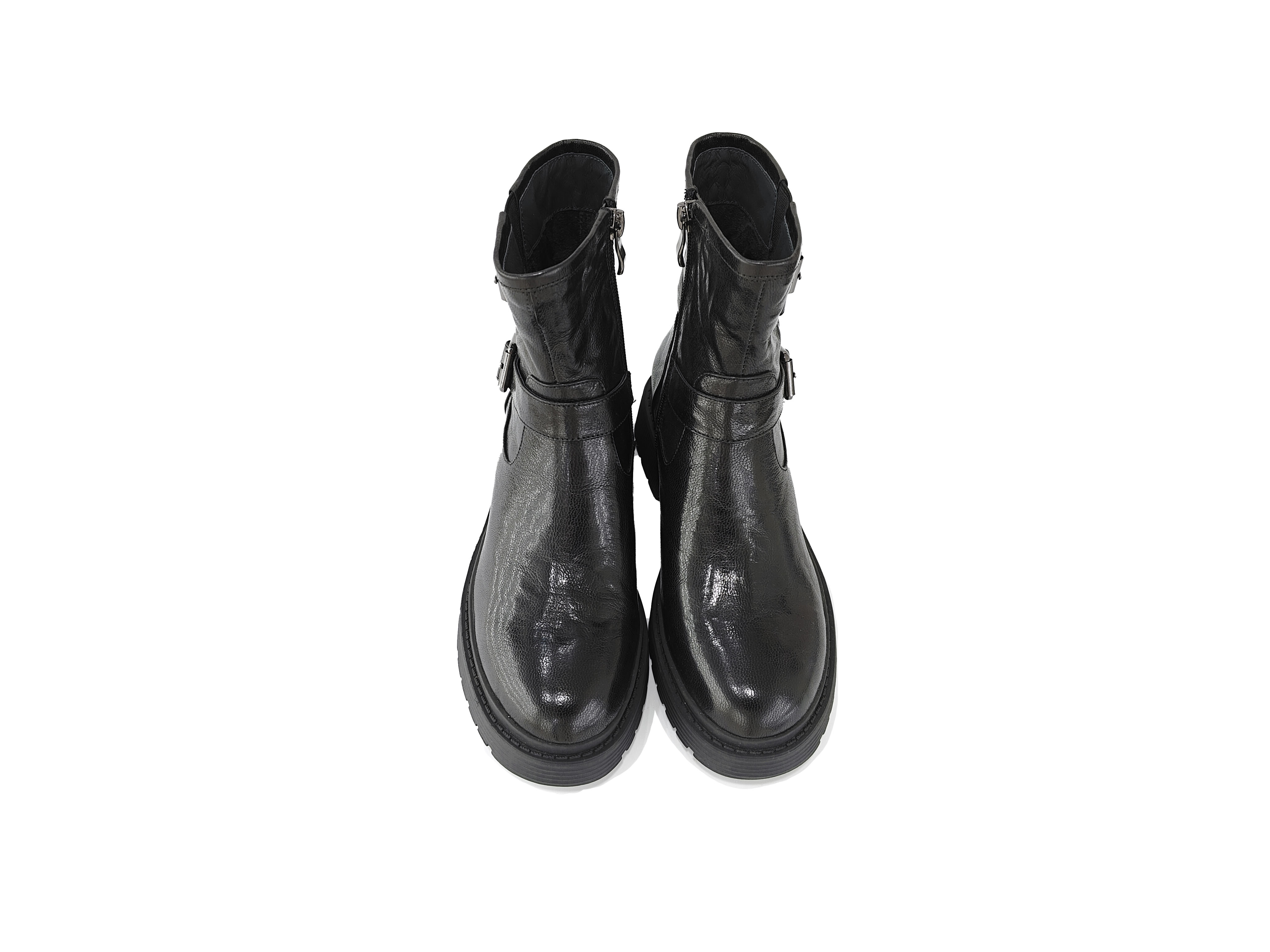 黑色手抓羊皮双扣拉链短靴