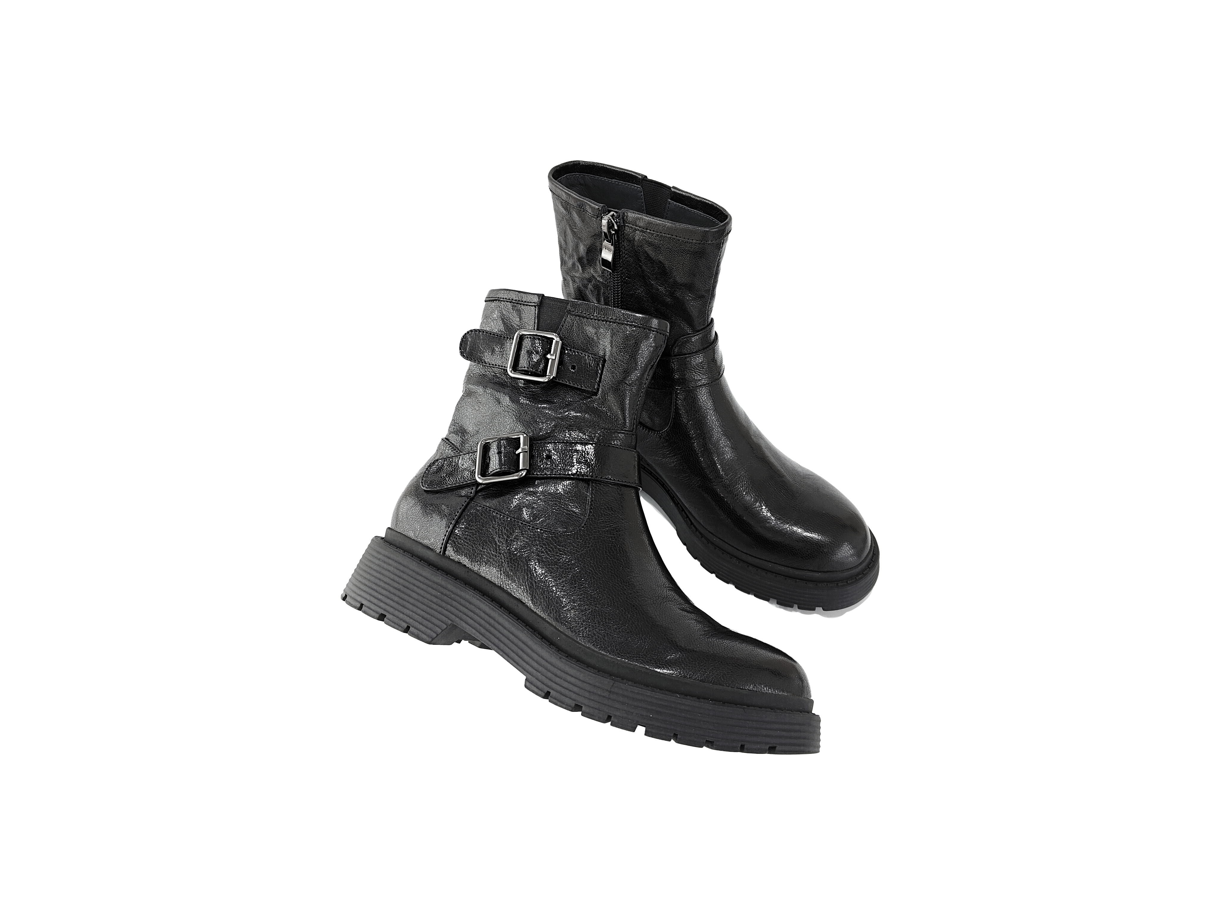 黑色手抓羊皮双扣拉链短靴