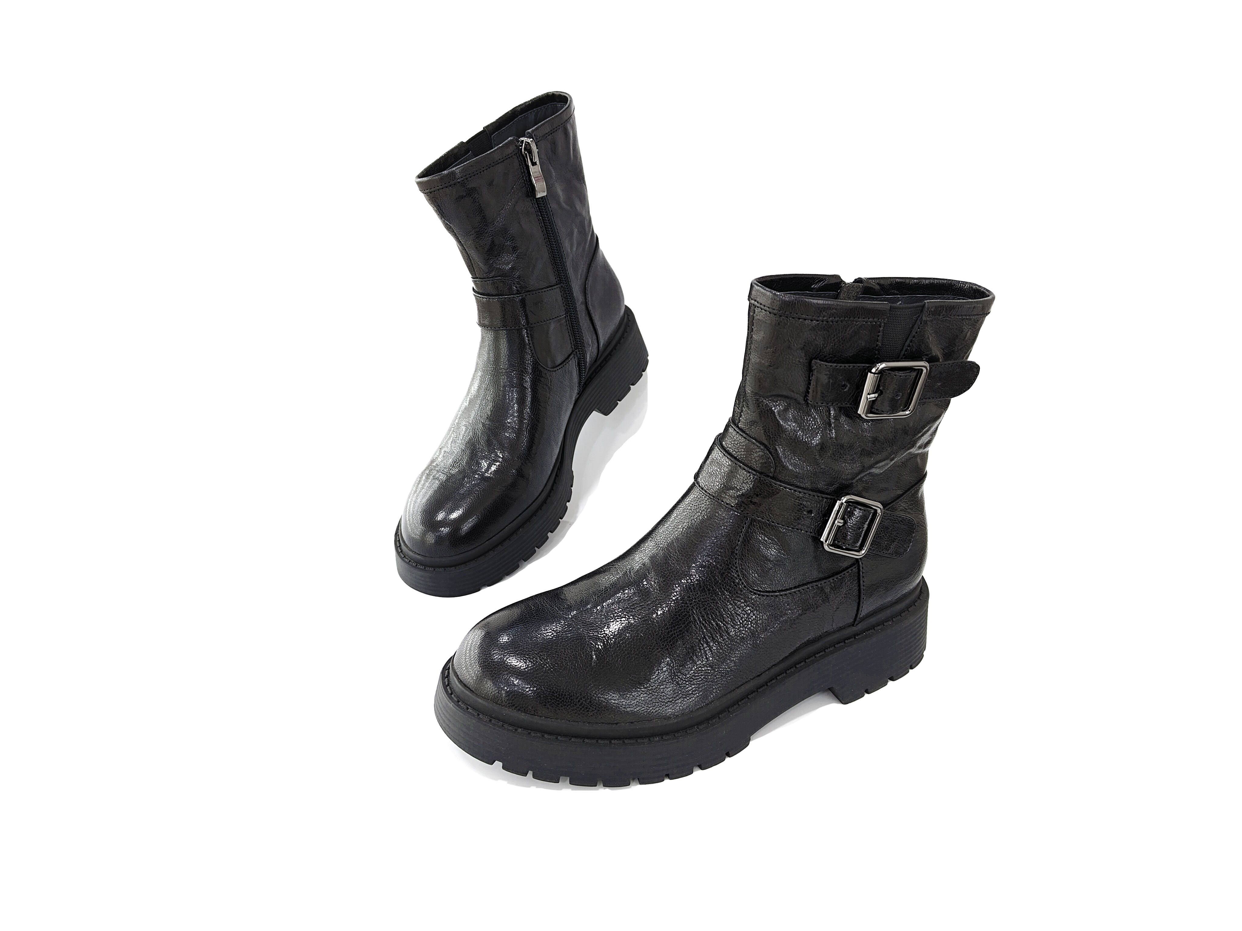 黑色手抓羊皮双扣拉链短靴