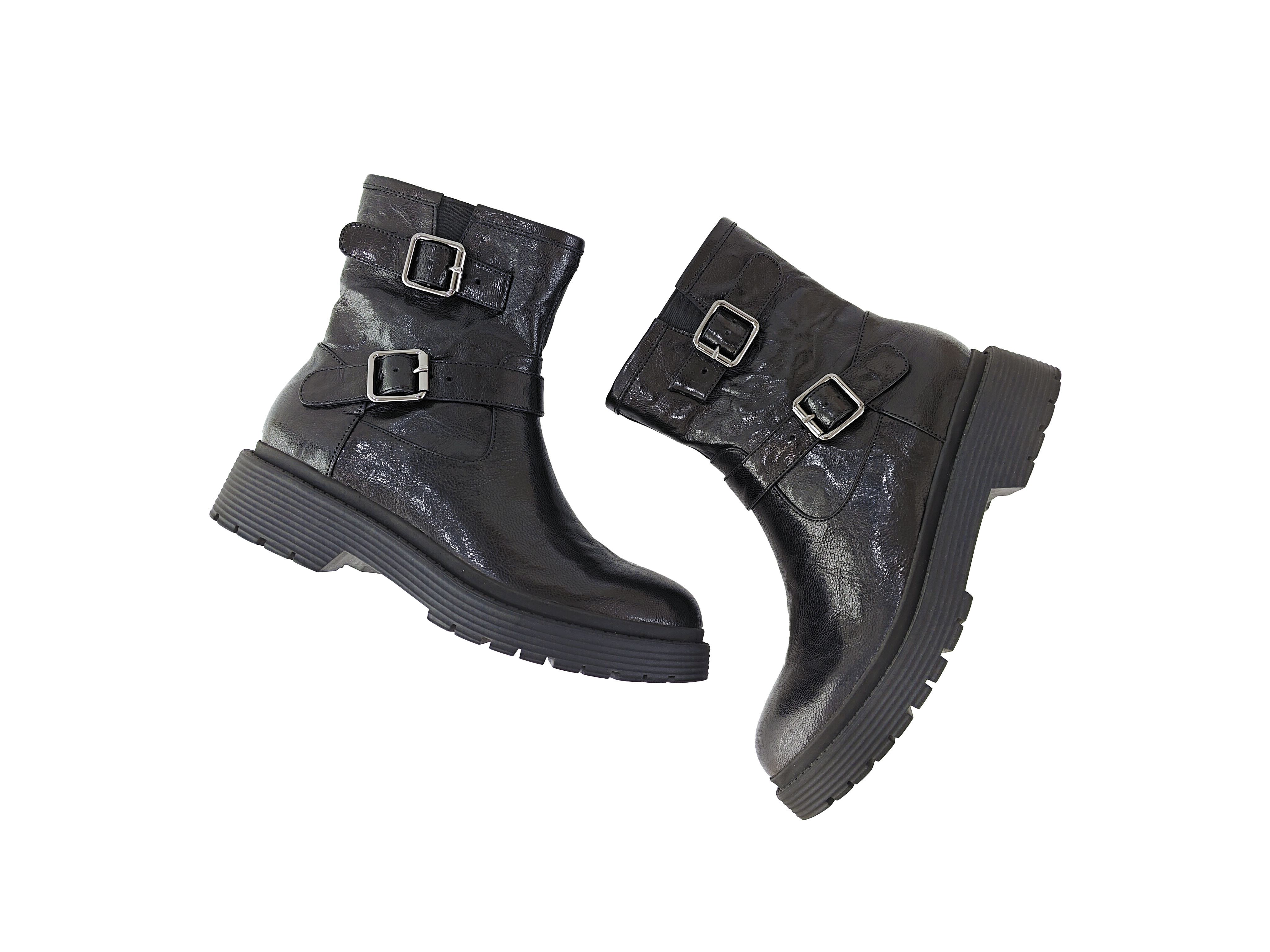 黑色手抓羊皮双扣拉链短靴