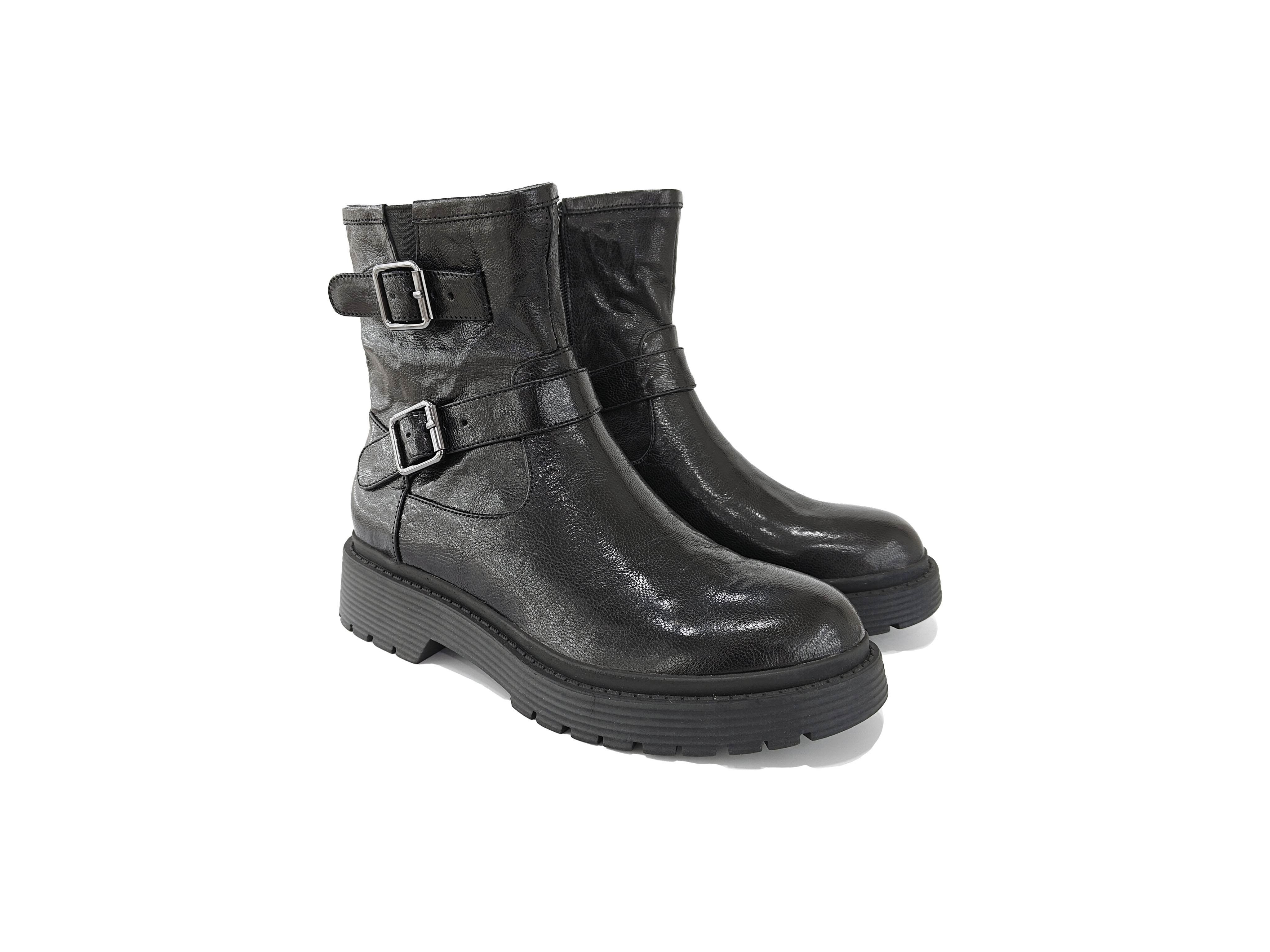 黑色手抓羊皮双扣拉链短靴