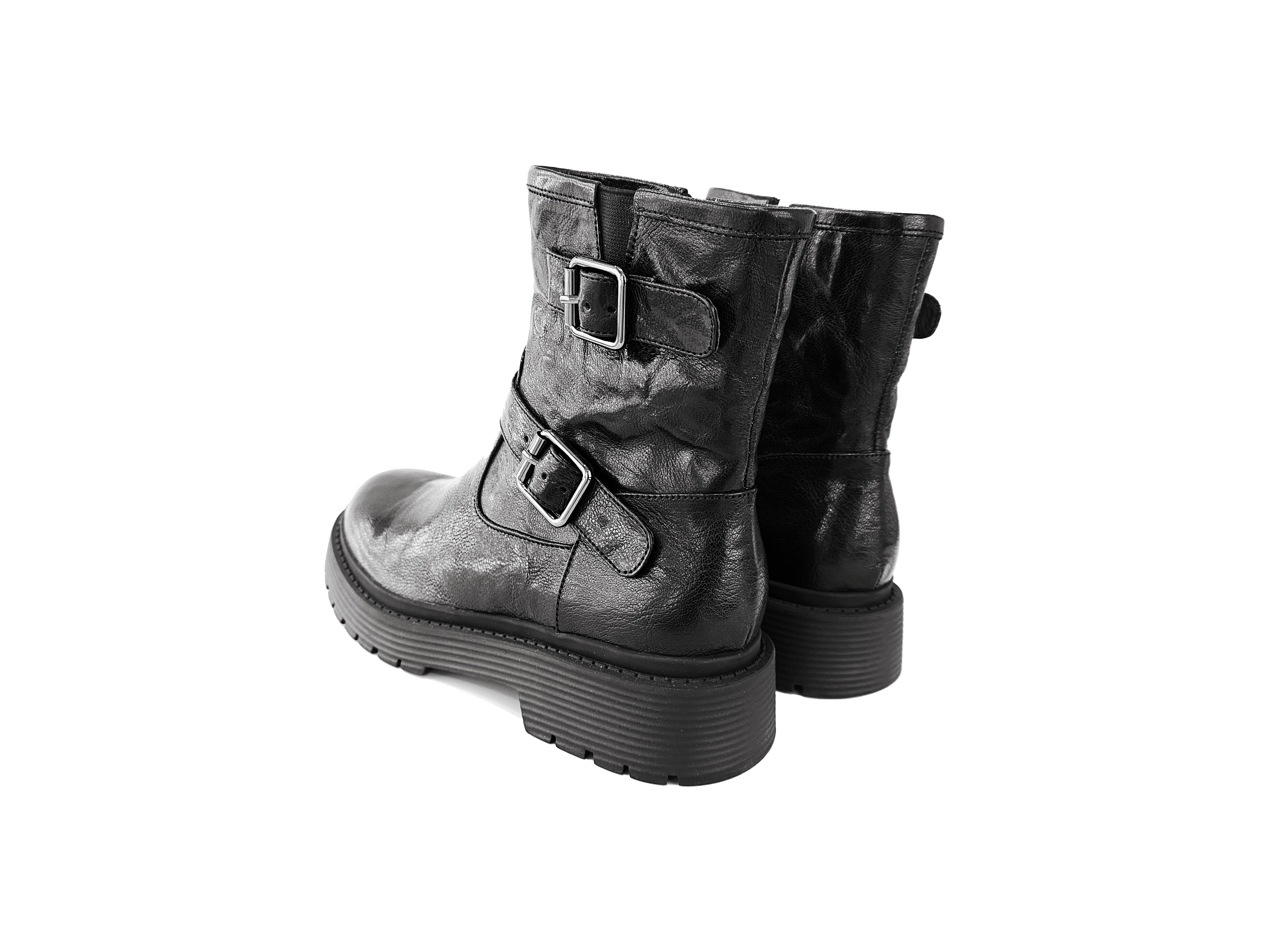 黑色手抓羊皮双扣拉链短靴