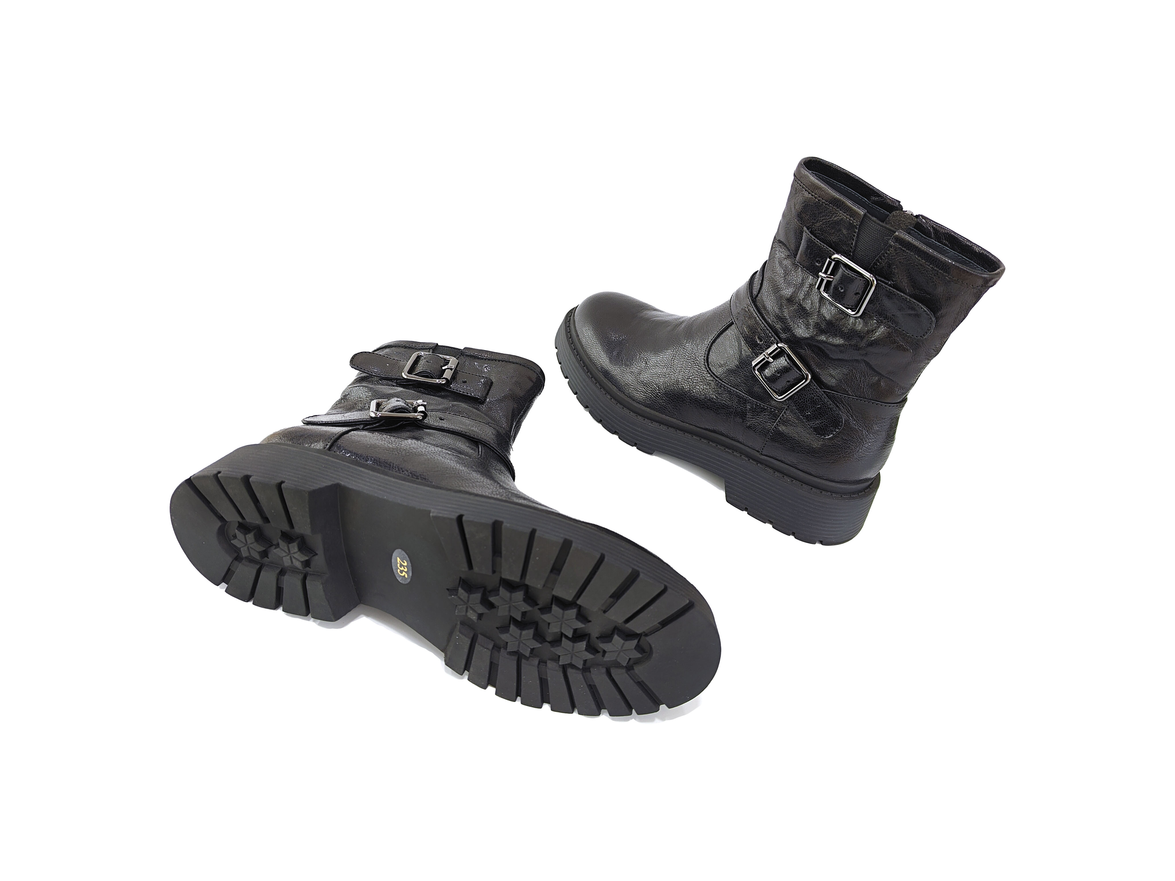 黑色手抓羊皮双扣拉链短靴