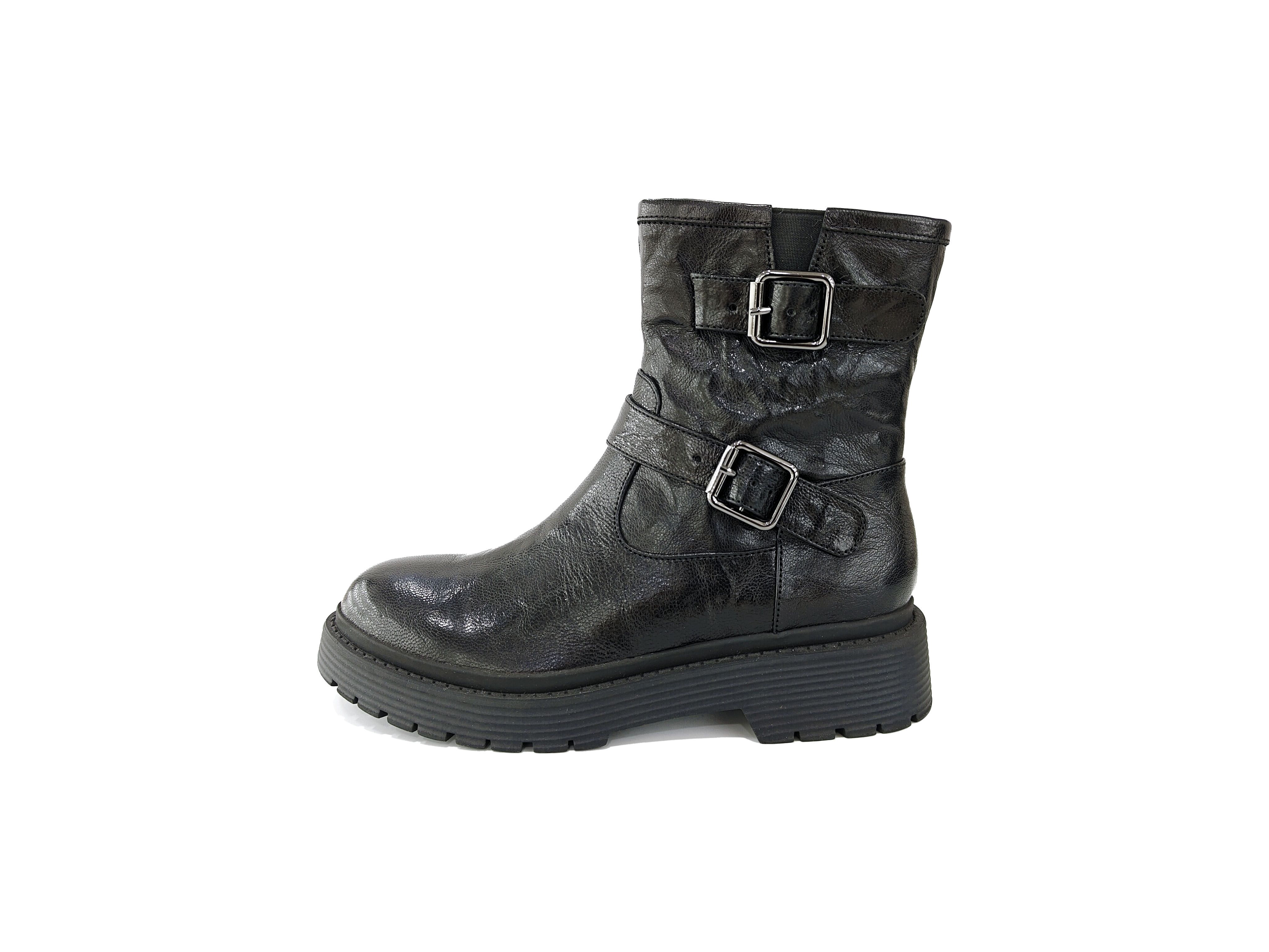 黑色手抓羊皮双扣拉链短靴