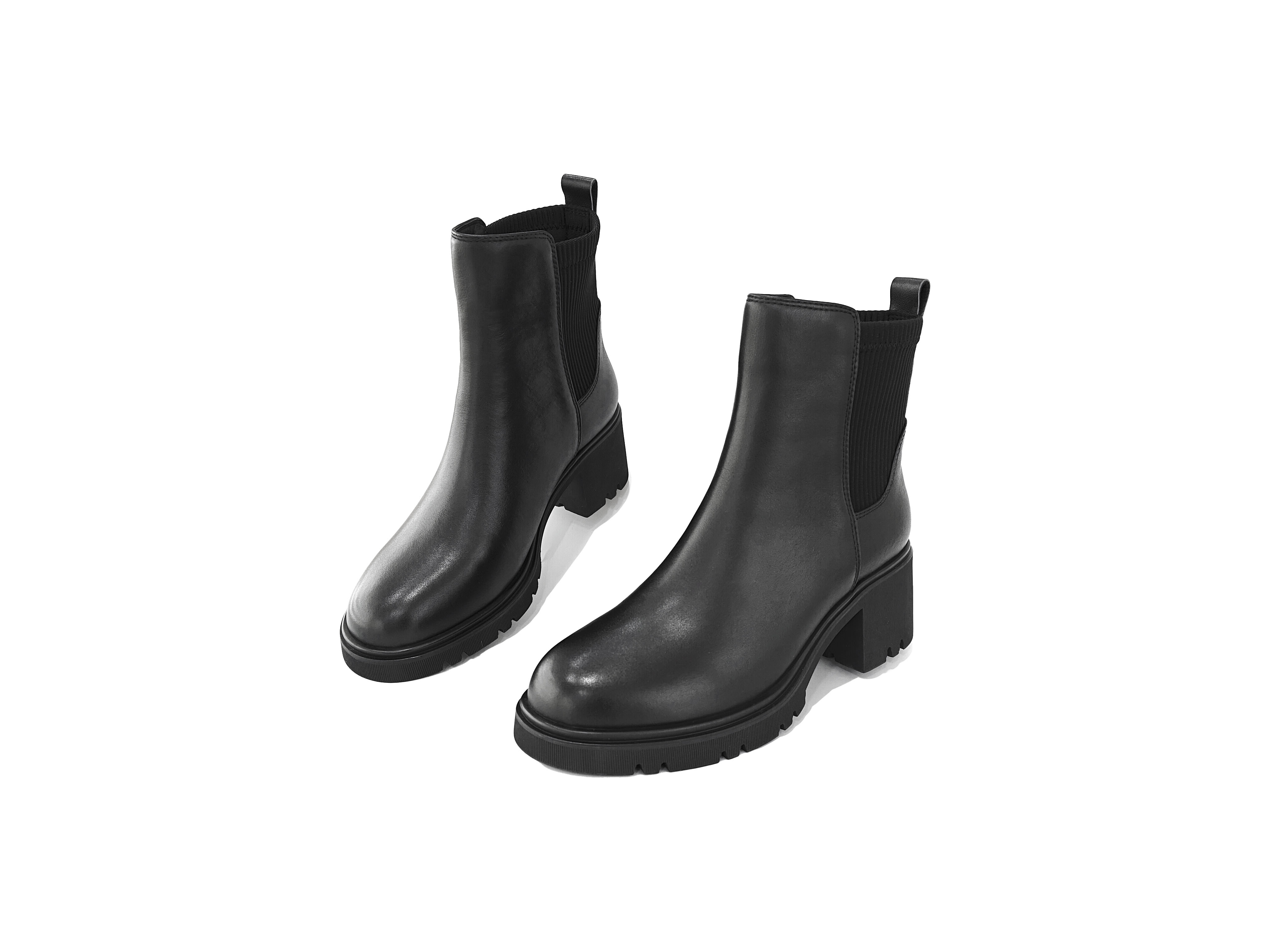 黑色真皮拼半橡筋2寸短靴