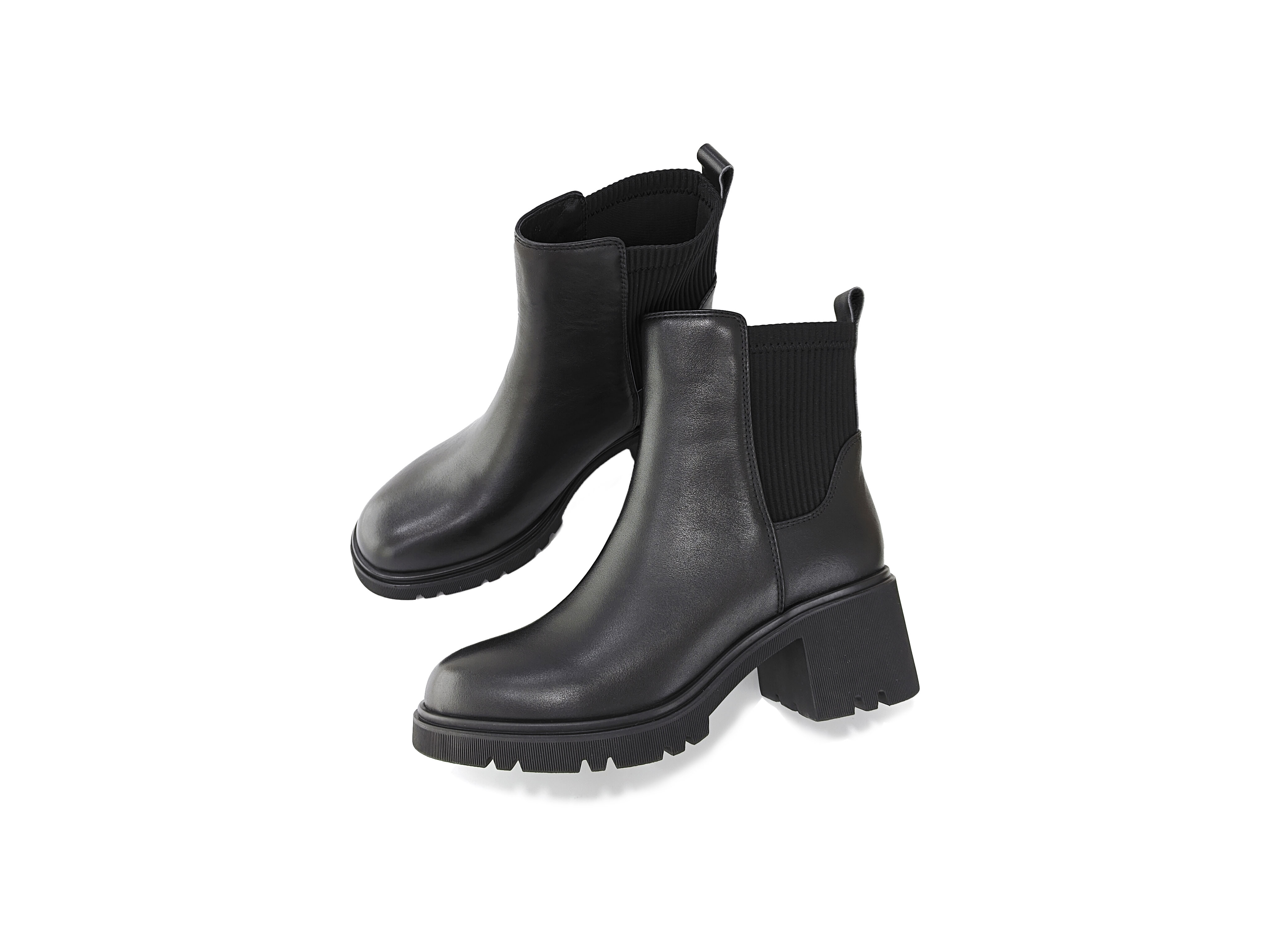 黑色真皮拼半橡筋2寸短靴