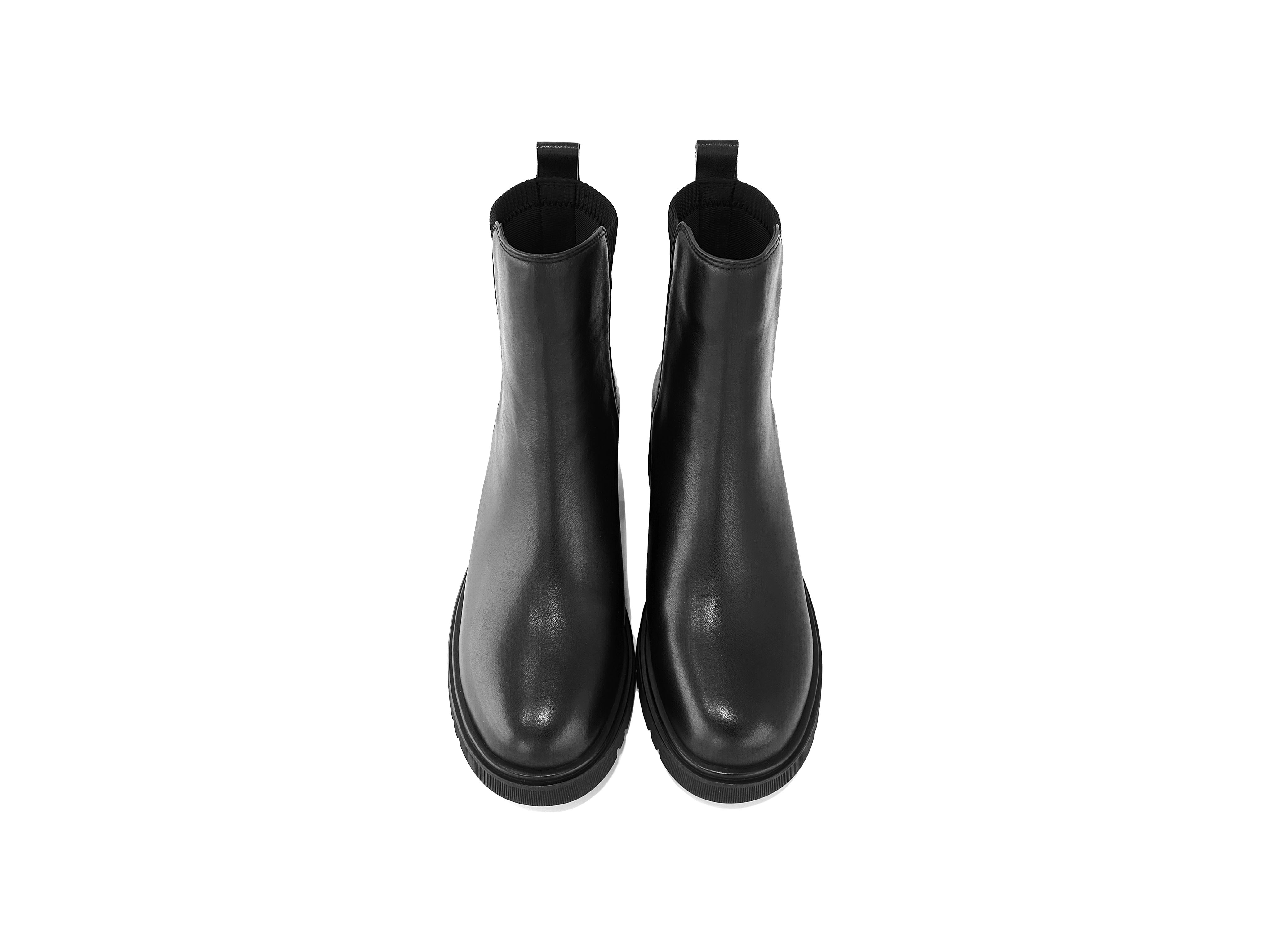 黑色真皮拼半橡筋2寸短靴