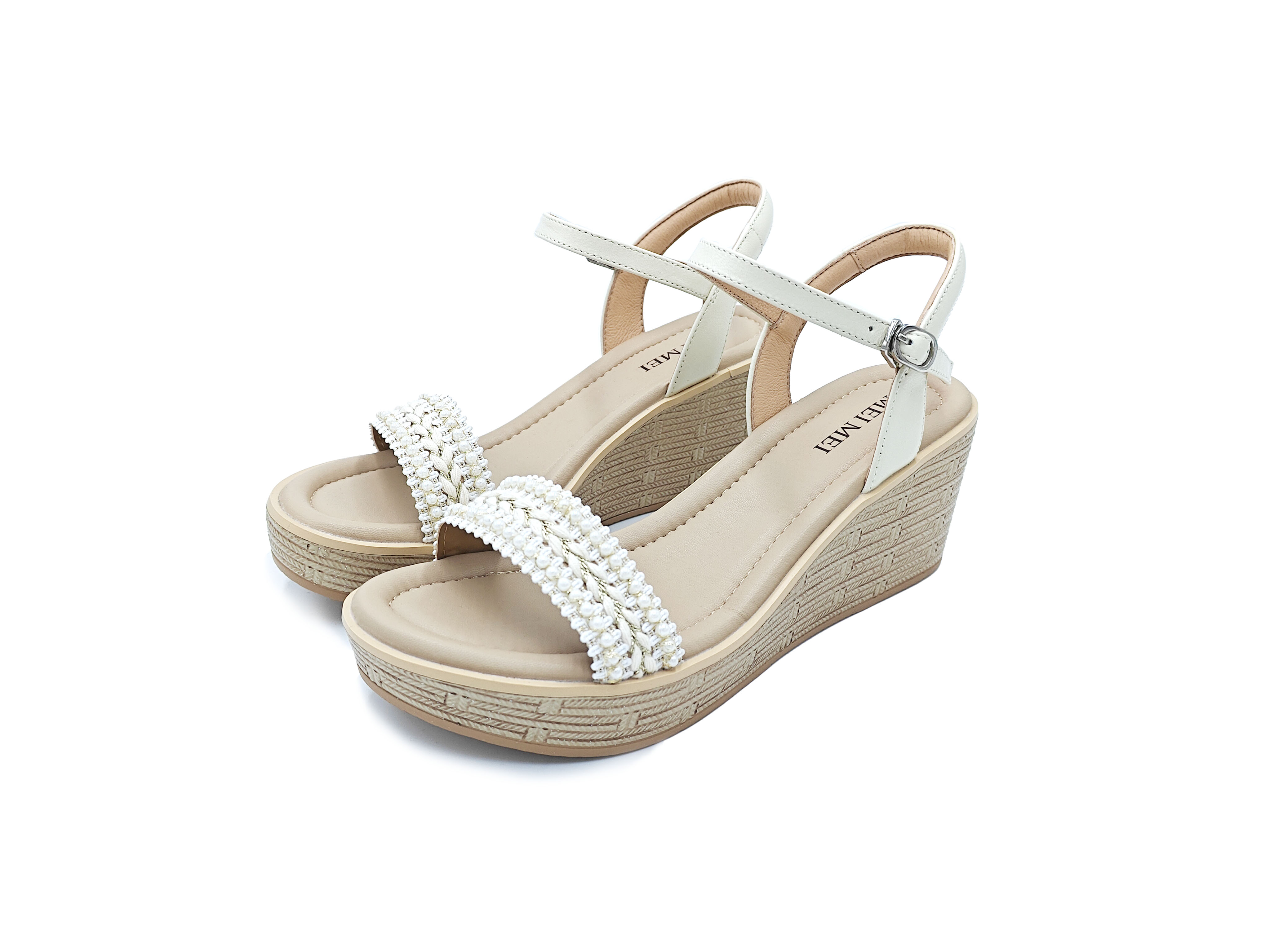 米白色羊皮編織珍珠超輕坡跟涼鞋