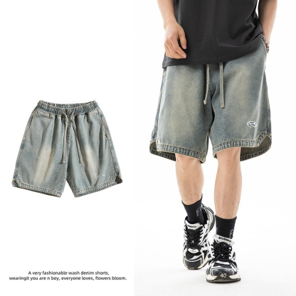 男装下摆三角开叉设计牛仔短裤男夏季新款美潮绣花宽松五分裤