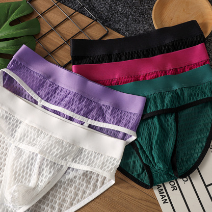 跨境男士三角蕾丝内裤冰丝青年中腰三角裤男透明调情成人三角裤衩