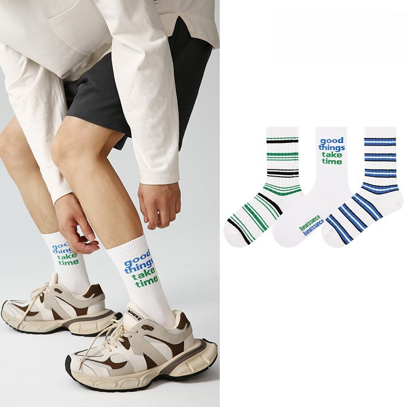 【經典字母條紋】文藝潮流小衆設計中筒運動襪男襪