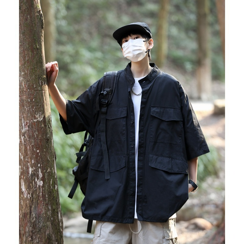 夏季新款日系复古工装衬衫男女百搭短袖宽松情侣外套五分袖四口袋