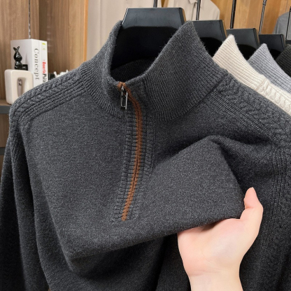 【高級半拉鏈提花設計】精選羊毛蓄熱保暖半拉鏈提花立領針織男士打底衫長袖