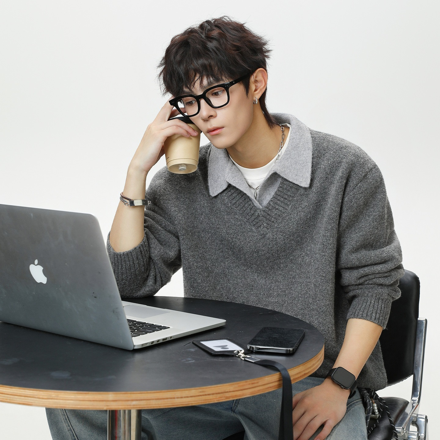 【高質感老錢風】假兩件V領復古毛衣翻領POLO男士針織衫