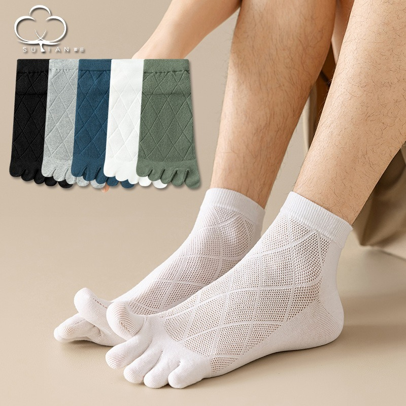 【不起球/不臭腳】夏季薄款網孔透氣長絨棉分趾菱形紋短筒男襪