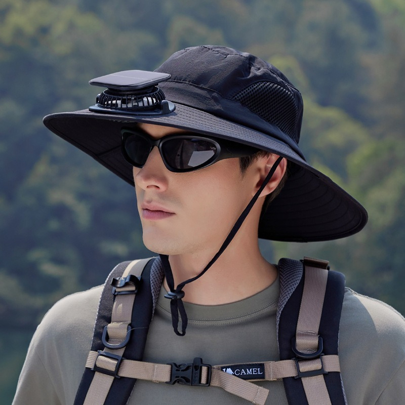 【太陽能風扇涼感加倍】大帽簷防曬透氣網格速乾防曬戶外露營徒步漁夫帽