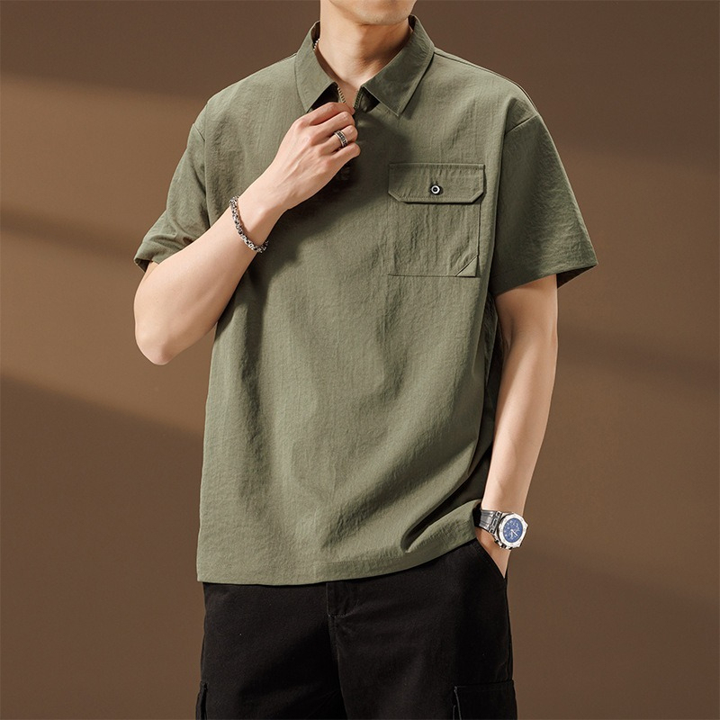 【簡約日系】夏季薄款冰絲速乾撞色口袋翻領男士T恤