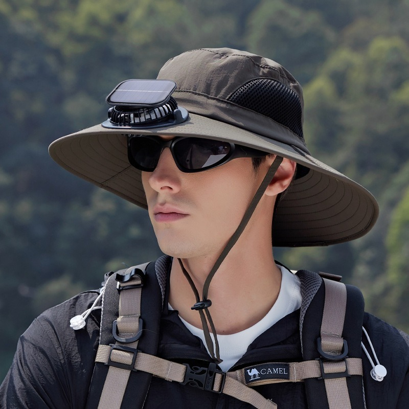 【太陽能風扇涼感加倍】大帽簷防曬透氣網格速乾防曬戶外露營徒步漁夫帽