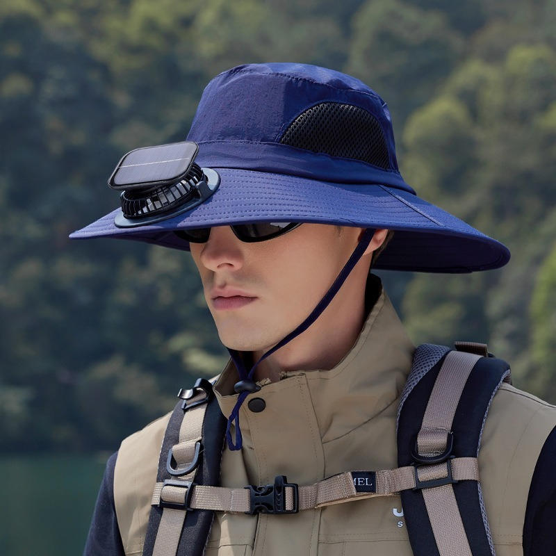 【太陽能風扇涼感加倍】大帽簷防曬透氣網格速乾防曬戶外露營徒步漁夫帽