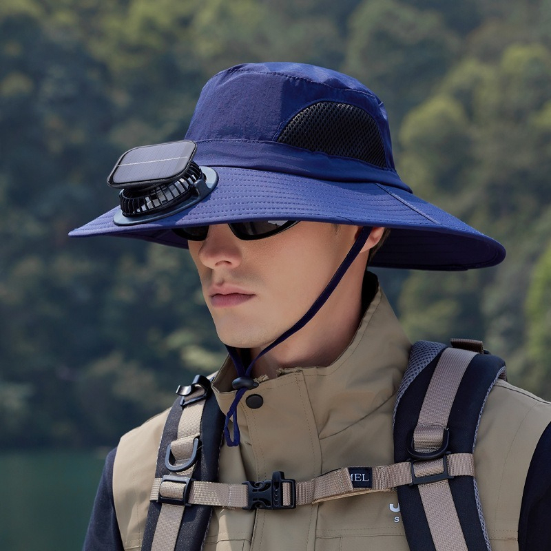 【太陽能風扇涼感加倍】大帽簷防曬透氣網格速乾防曬戶外露營徒步漁夫帽