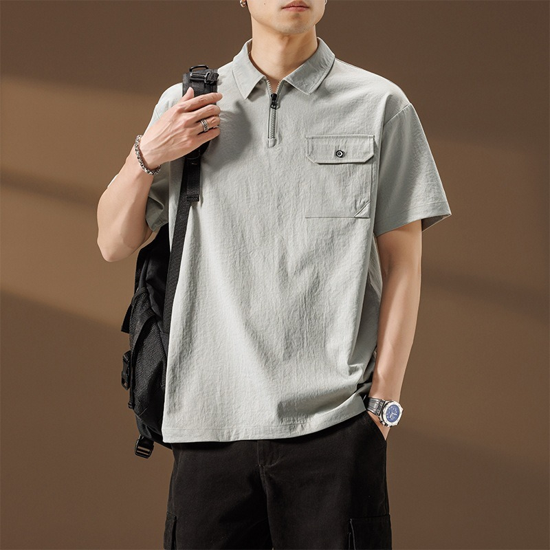 【簡約日系】夏季薄款冰絲速乾撞色口袋翻領男士T恤