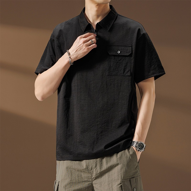 【簡約日系】夏季薄款冰絲速乾撞色口袋翻領男士T恤