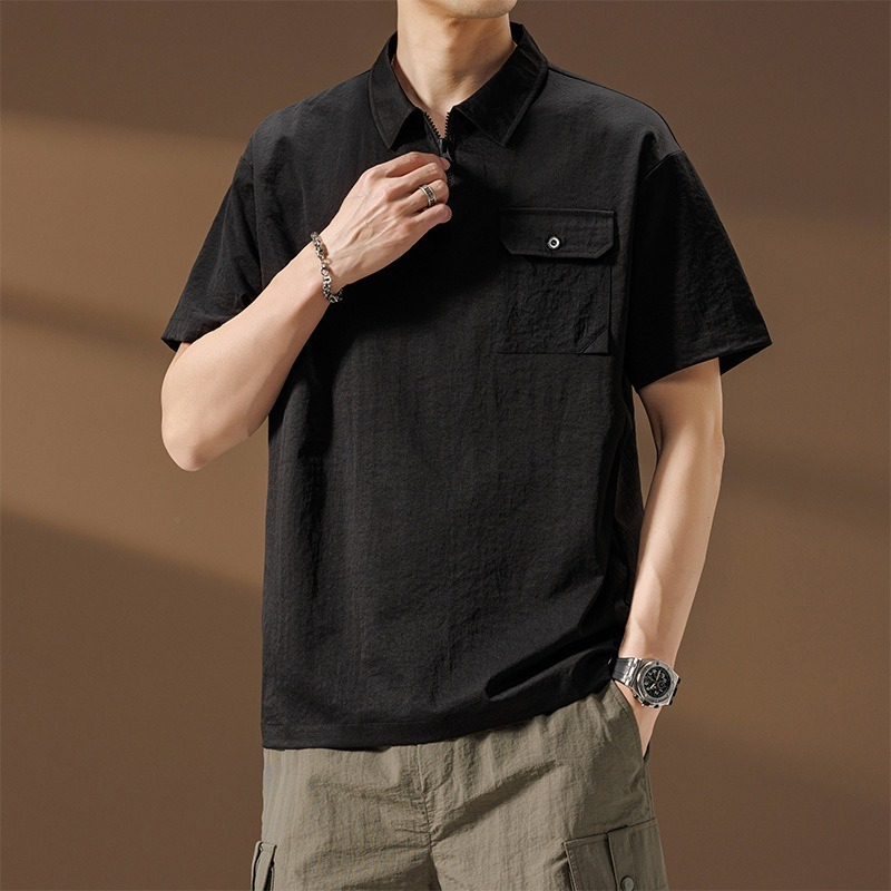 【簡約日系】夏季薄款冰絲速乾撞色口袋翻領男士T恤