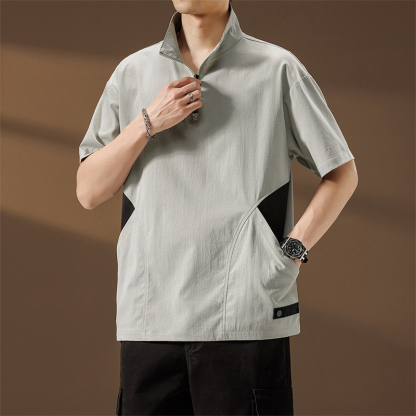 【簡約日系】夏季薄款冰絲速乾撞色口袋翻領男士T恤