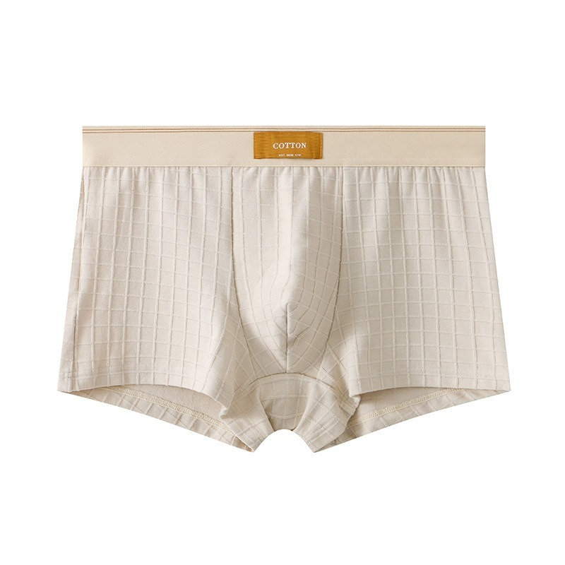【純棉透氣系列】網孔內襠格紋中腰純色平角男士內褲