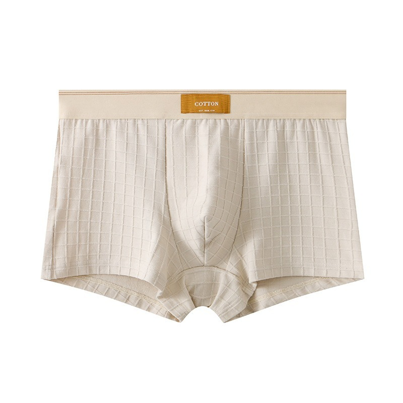 【純棉透氣系列】網孔內襠格紋中腰純色平角男士內褲