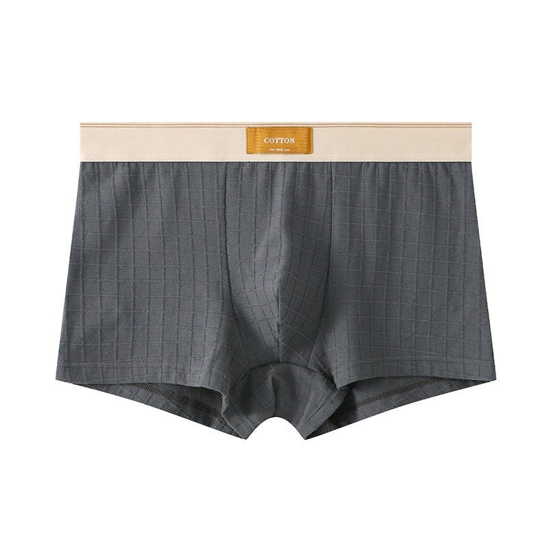 【純棉透氣系列】網孔內襠格紋中腰純色平角男士內褲