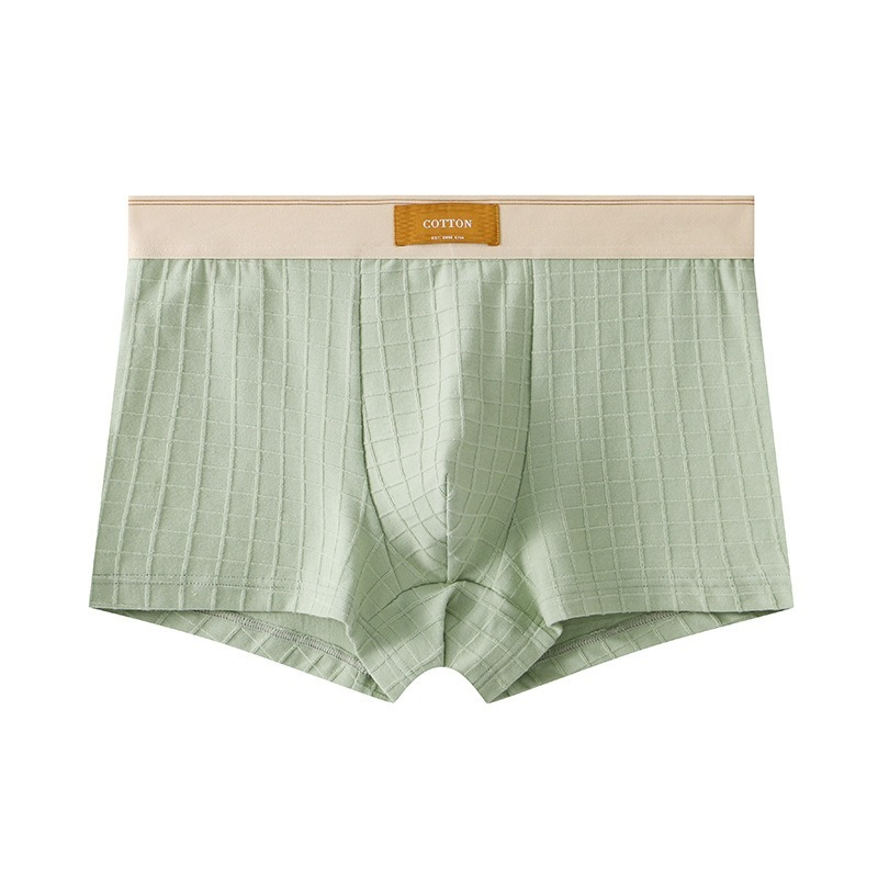 【純棉透氣系列】網孔內襠格紋中腰純色平角男士內褲