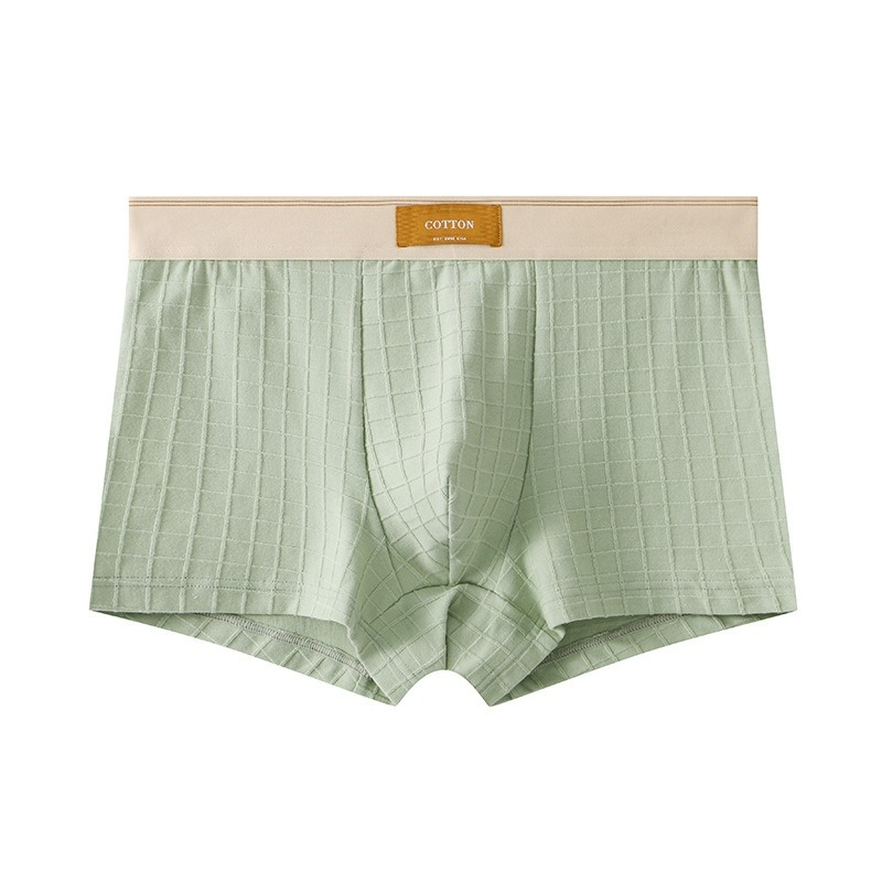 【純棉透氣系列】網孔內襠格紋中腰純色平角男士內褲