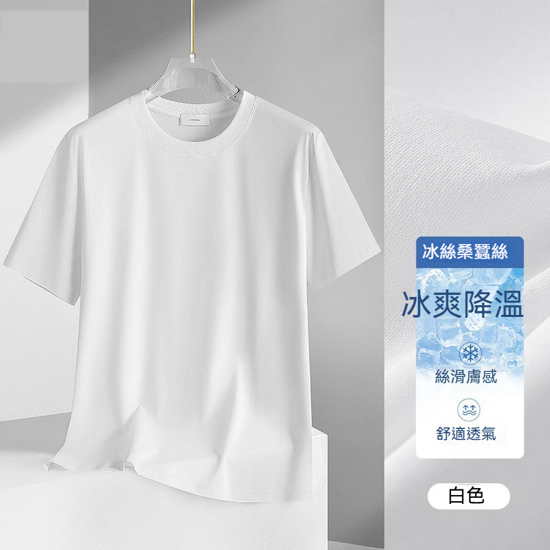 【涼感速乾】60S液氮冰絲桑蠶絲輕奢質感冰涼素色男士T恤