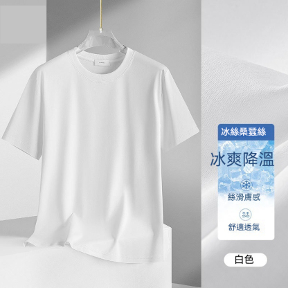 【涼感速乾】60S液氮冰絲桑蠶絲輕奢質感冰涼素色男士T恤