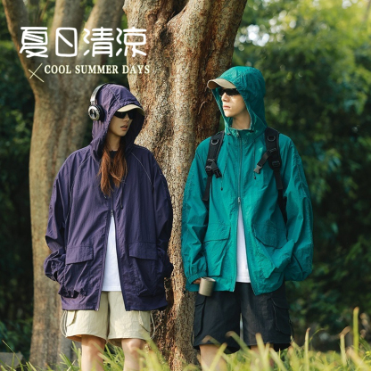 【質感防曬系列】可調節抽繩下擺~新款透氣鬆緊袖大口袋防蚊連帽防曬衣