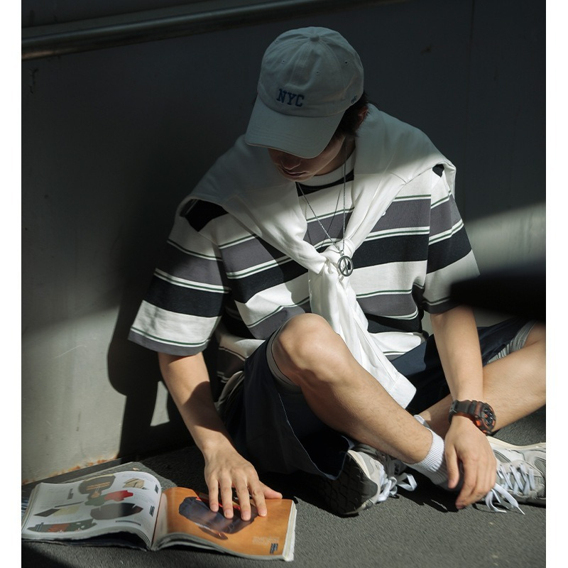 撞色条纹短袖T恤男2024夏季新款日系复古潮牌宽松体恤