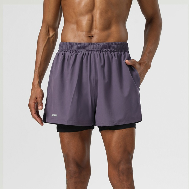 2025新款假两件运动短裤弹力透气三分裤马拉松训练反光条健身短裤