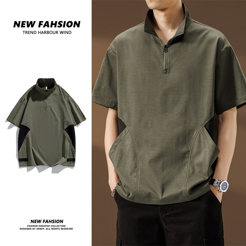 【簡約日系】夏季薄款冰絲速乾撞色口袋翻領男士T恤