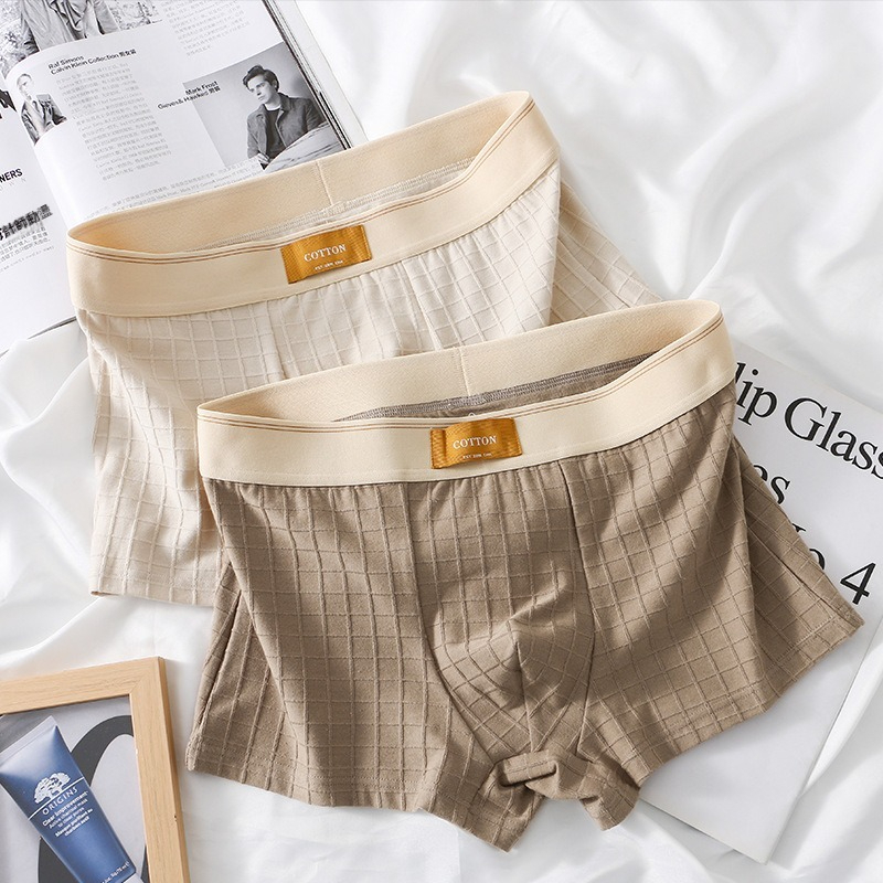 【純棉透氣系列】網孔內襠格紋中腰純色平角男士內褲