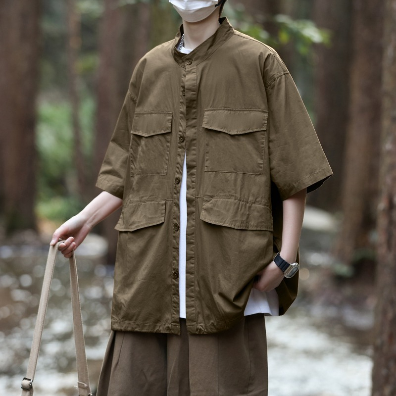夏季新款日系复古工装衬衫男女百搭短袖宽松情侣外套五分袖四口袋