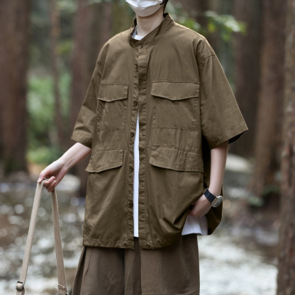 夏季新款日系复古工装衬衫男女百搭短袖宽松情侣外套五分袖四口袋