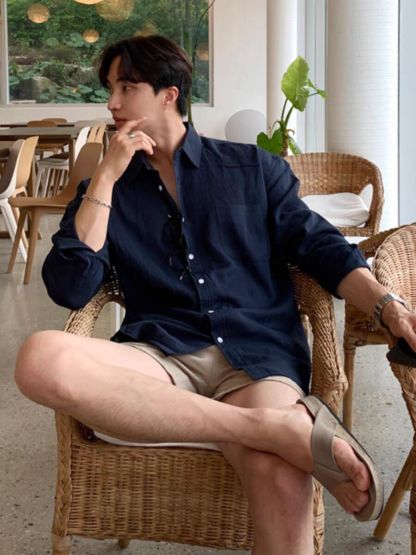 【美式慵懶風】透氣亞麻寬鬆長袖工裝百搭襯衣