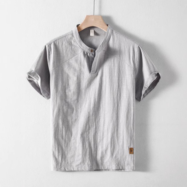 【立领亚麻】透氣棉麻五分袖套头衬衣短袖