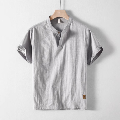 【立领亚麻】透氣棉麻五分袖套头衬衣短袖