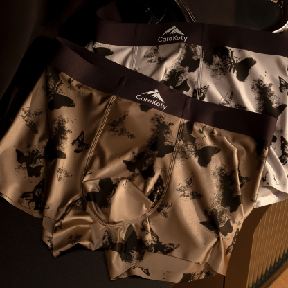 【優雅輕奢系列】冰絲緞面蝴蝶印花高級感桑蠶絲透氣內襠中腰男士平角内褲