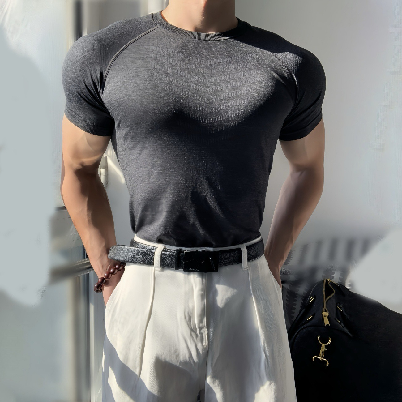 【速乾修身】美式提花鯊紋短袖訓練健身彈力T恤